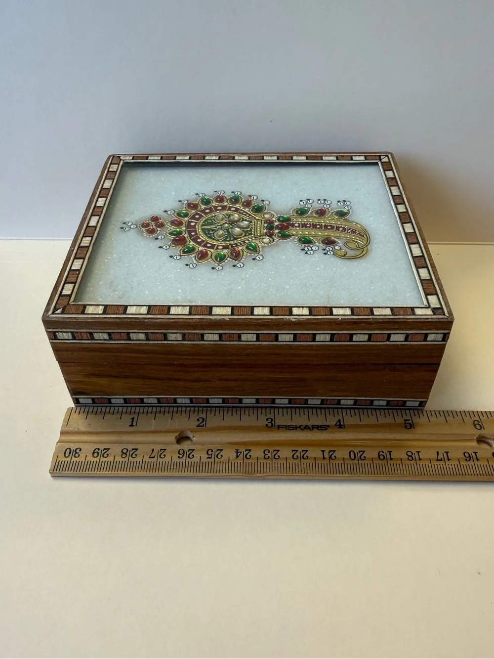 Vintage India Wood Inlay Jewelry Trinket Keepsake Box w/ Mosaic Stone Accent Lid